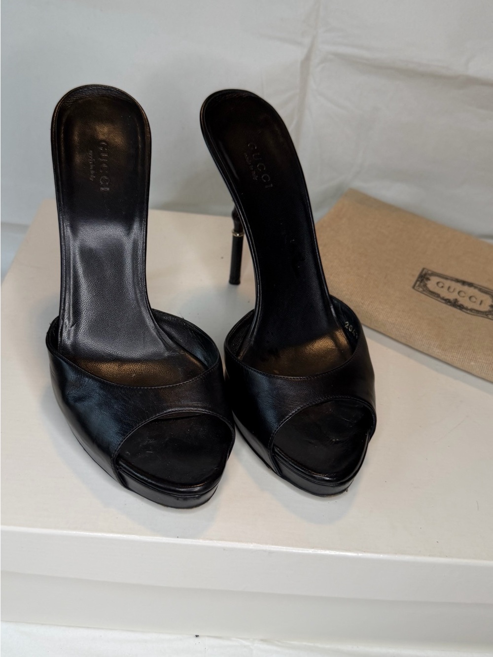Gucci Black Leather Open-Toe Stiletto Mules with Slim Heel